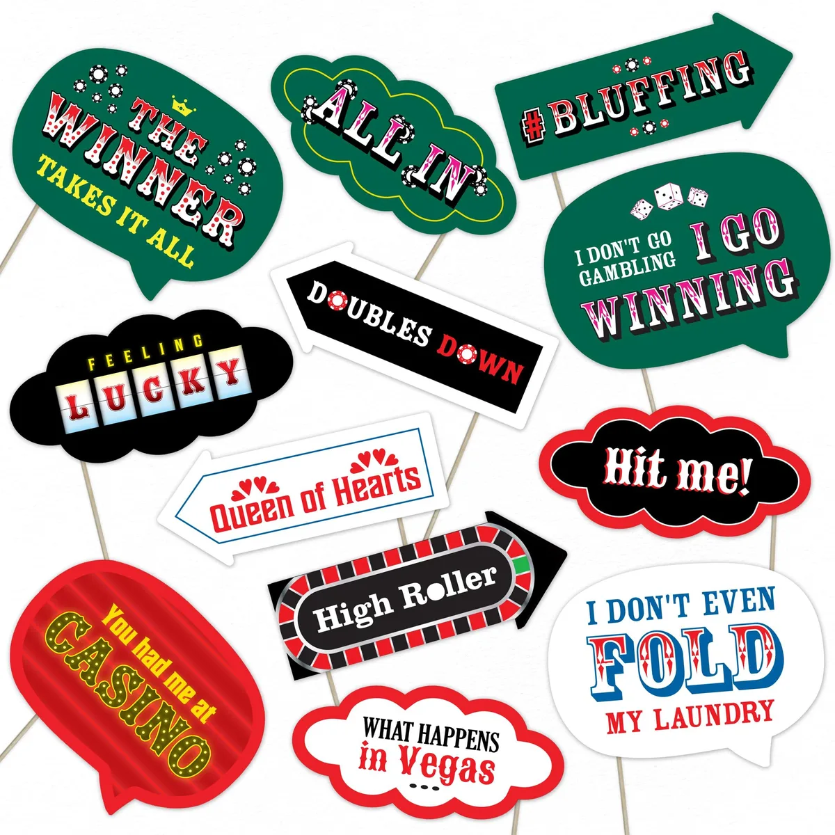 A set of twelve black vinyl casino-themed photo props with bamboo sticks