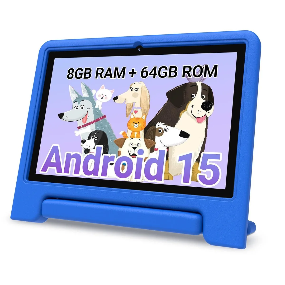 10.1 inch Android 15 tablet in blue EVA protective case with built-in stand