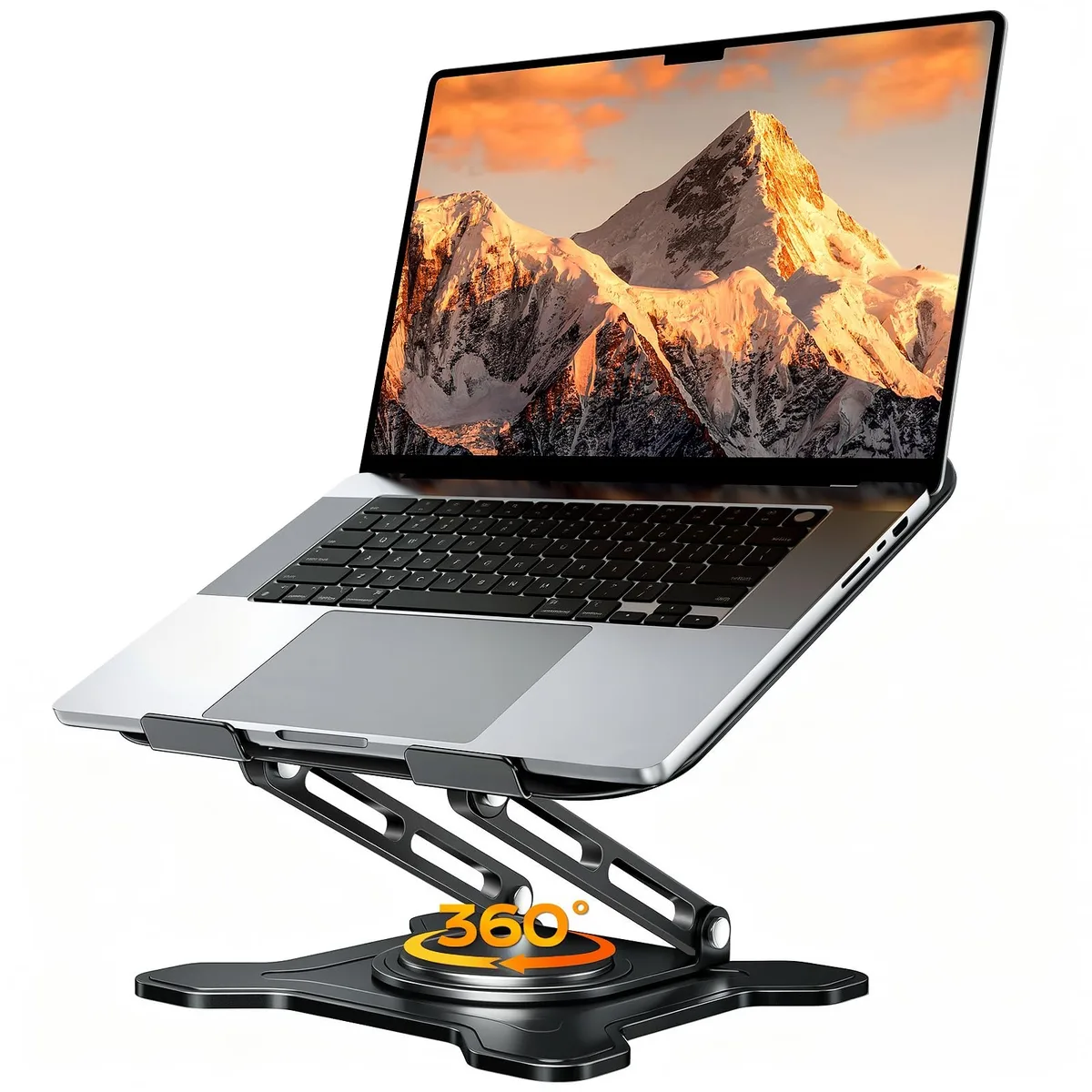Black metal foldable laptop riser with 360° rotating base, compact 9.84 x 8.66 x 1.77 inches