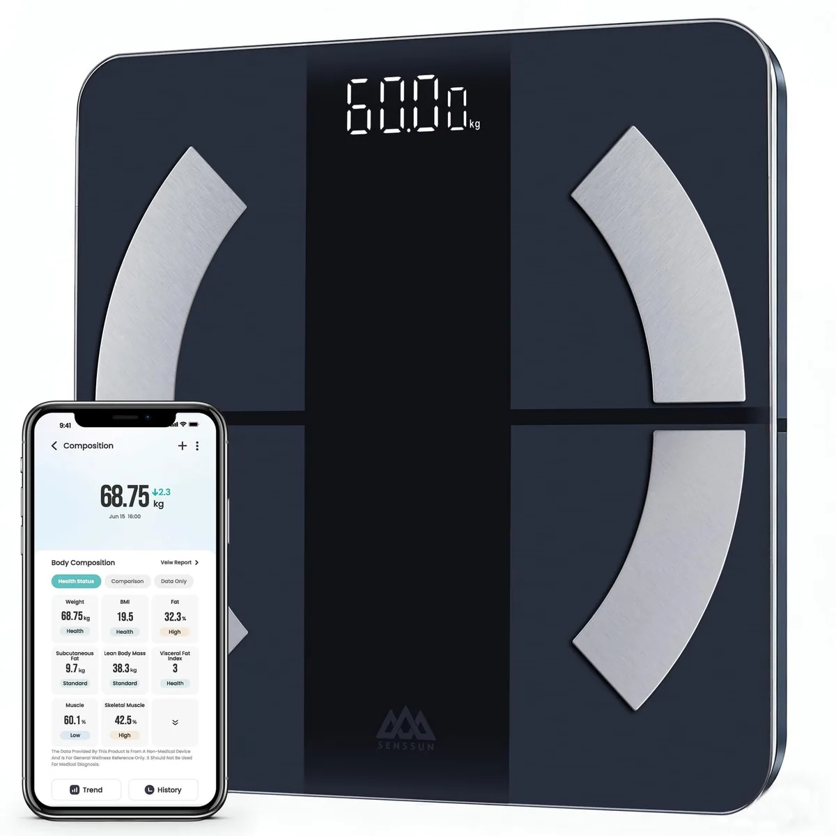Square black smart scale with backlit LED display and tempered glass platform