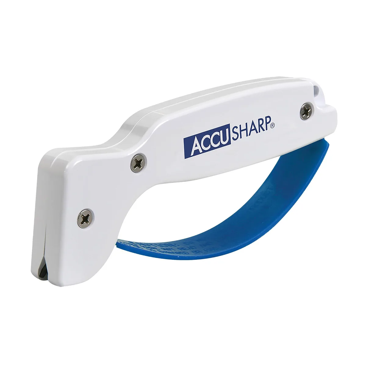 White plastic knife sharpener with ergonomic handle and finger guard