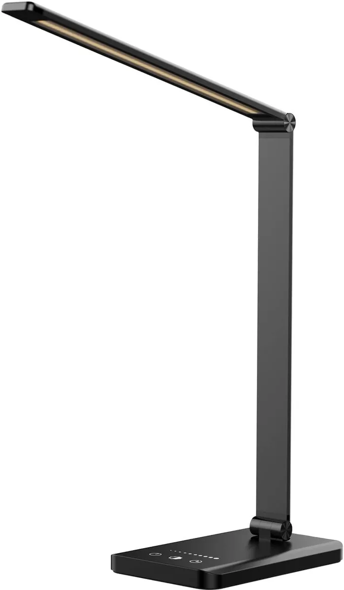 Black rectangular LED desk lamp with painted finish and touch controls