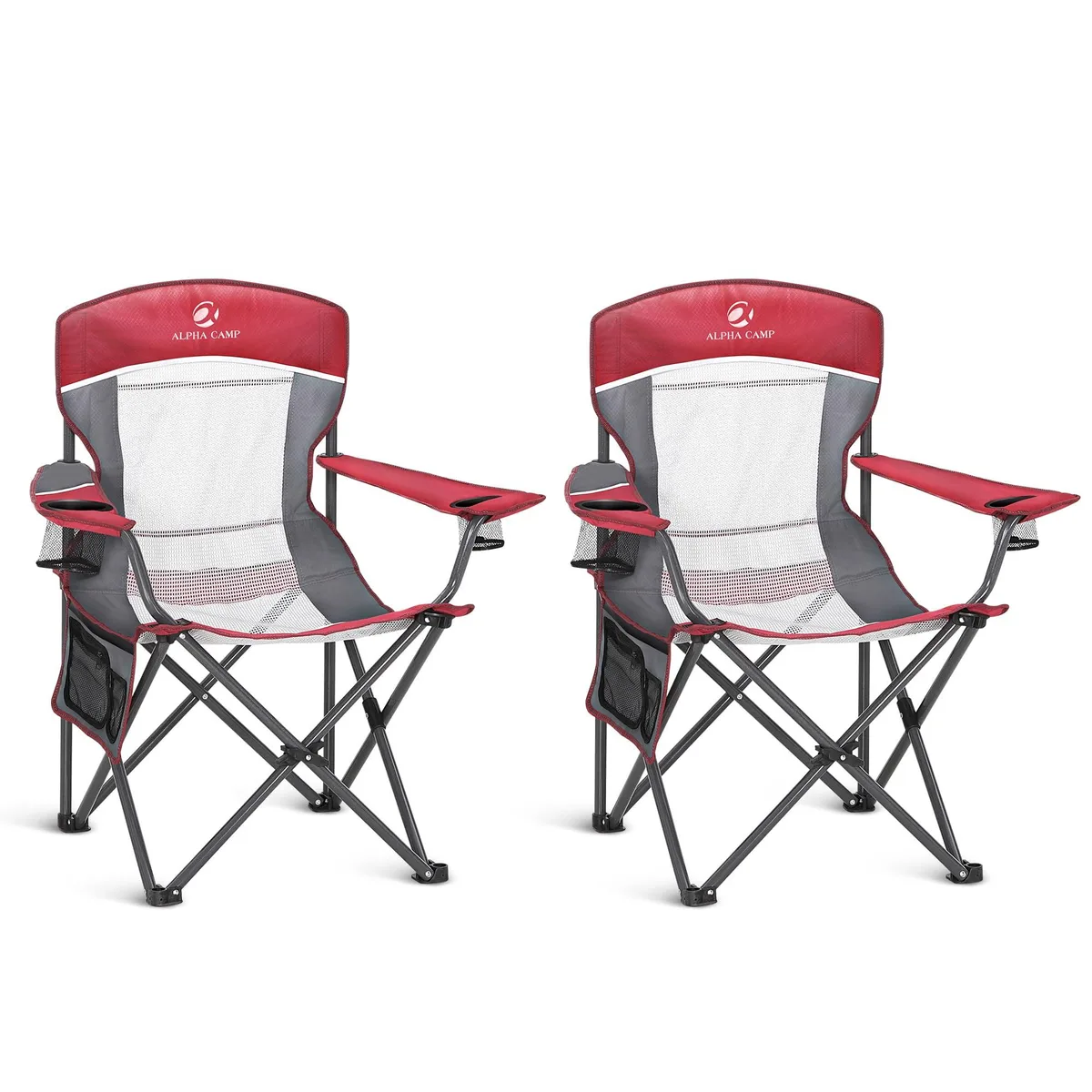 Two red foldable camp chairs with mesh backs and steel frames in carry bag