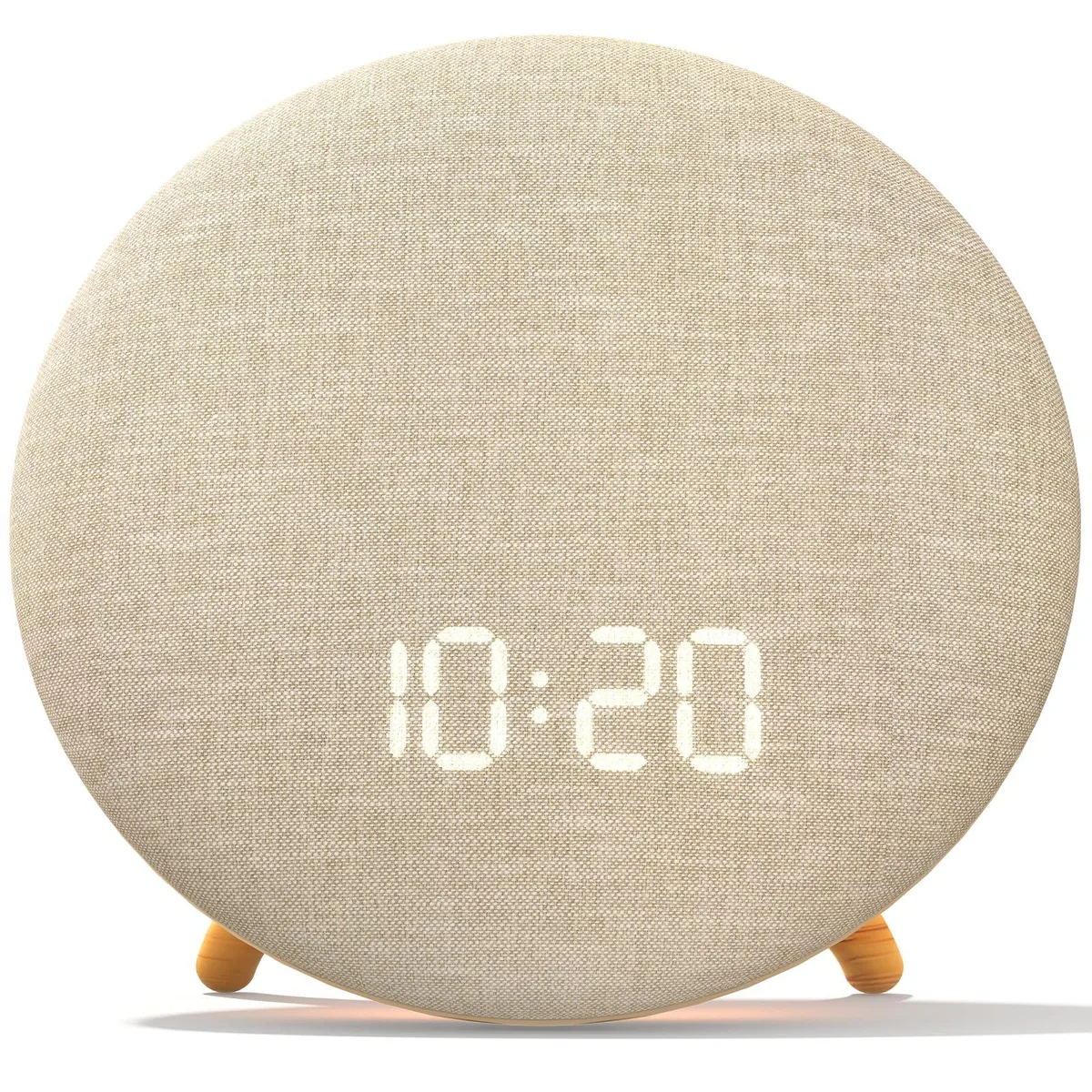Oat beige digital alarm clock with Bluetooth speaker, 7.88 by 1.5 by 7.29 inches