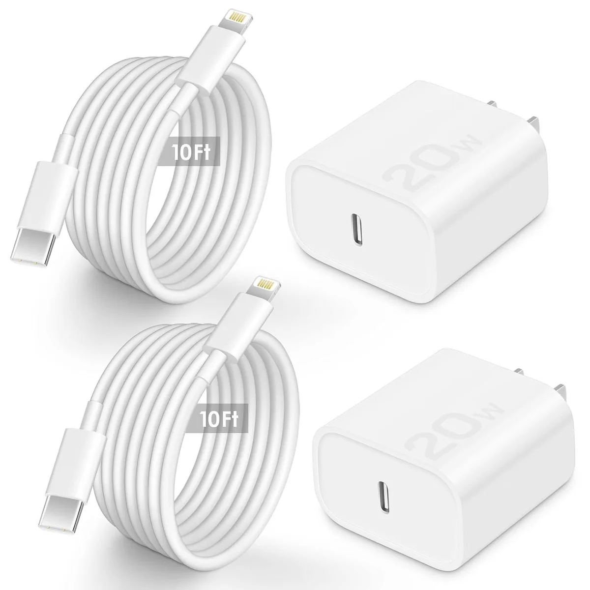ONITOON ONITOON 20W PD USB-C Wall Charger 10 ft Cable 2-Pack White — product photo
