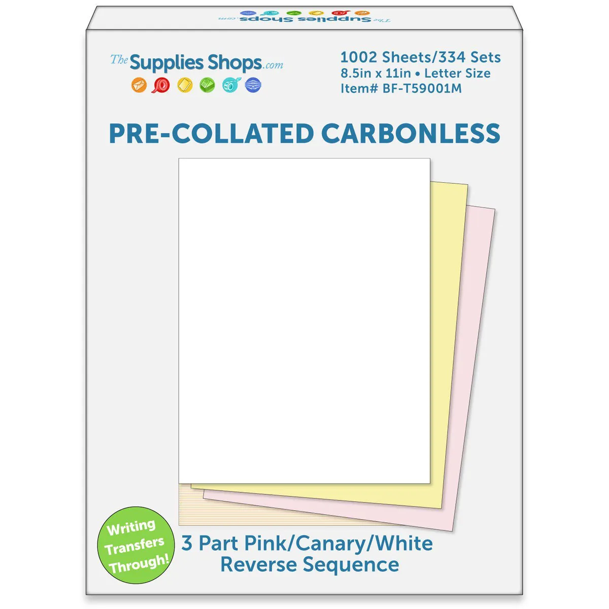 Carton of pink, canary and white pre-collated carbonless paper sheets