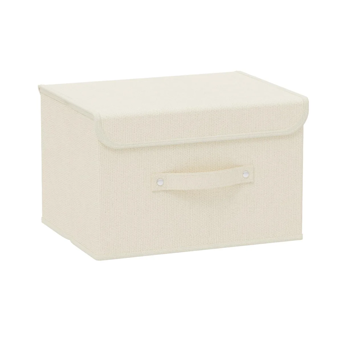 Beige fabric storage basket with lid and handle, 10.2x7.9x6.7in