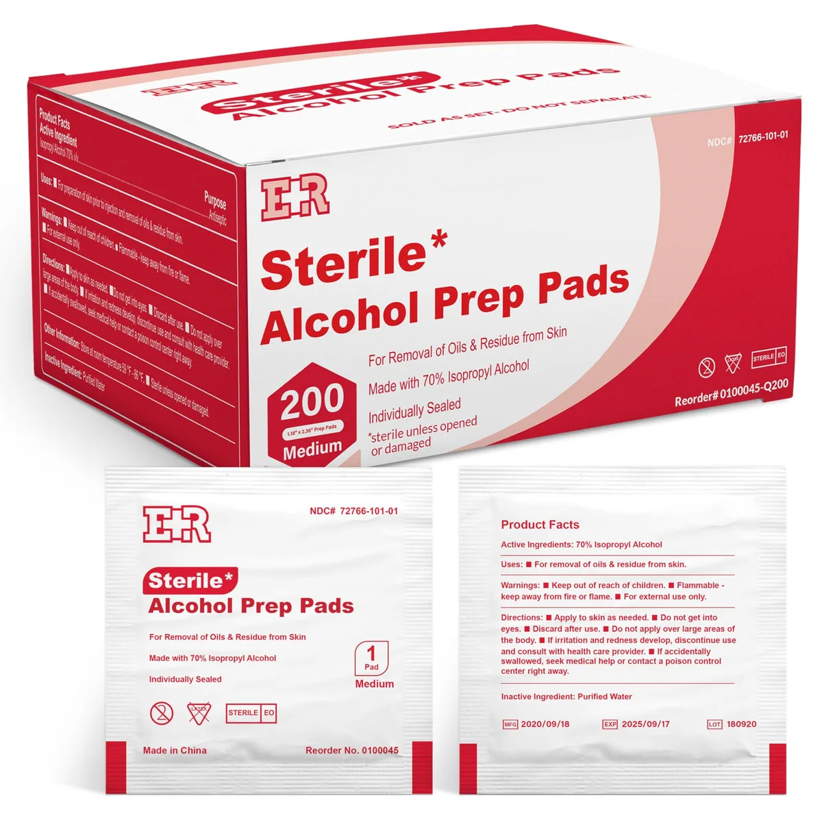 Box of 200 individually foil-wrapped 2-ply alcohol prep pads