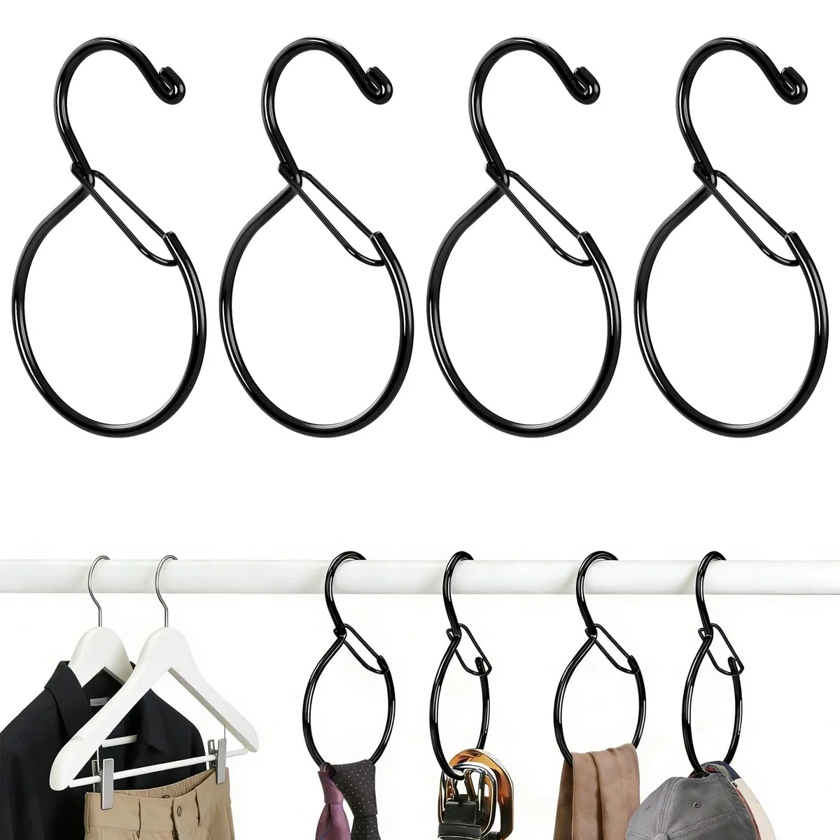 Black metal circular belt hangers with S-hooks, four-pack