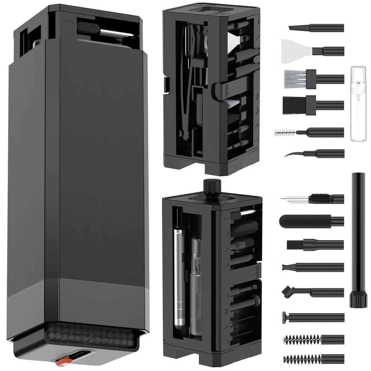 Black rectangular case containing 32 cleaning tools including brushes, picks, spray bottle and cloth