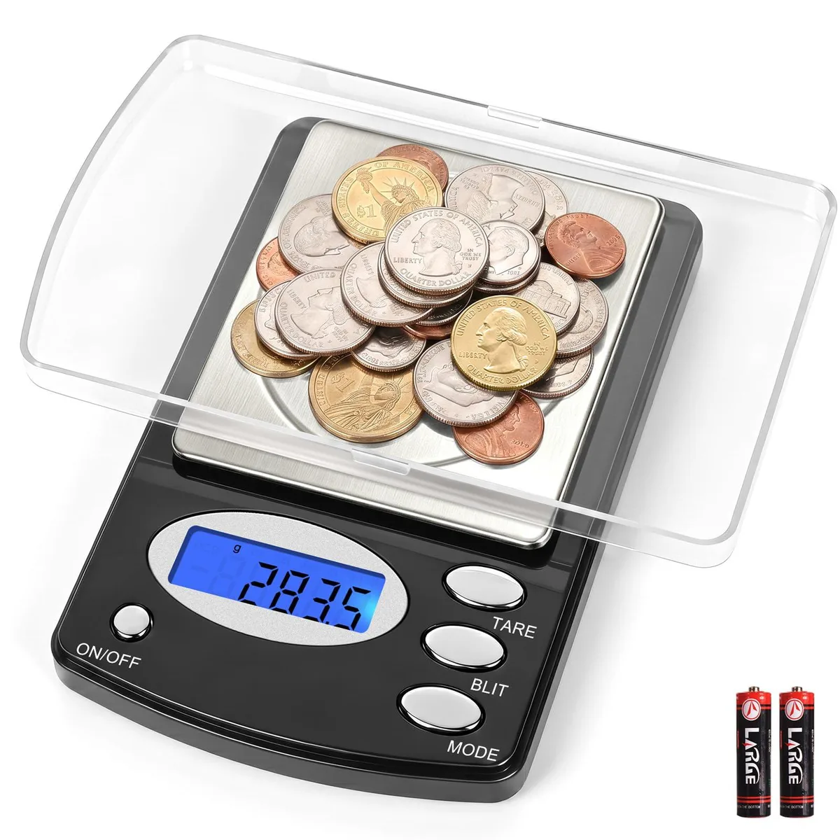 Blue plastic digital pocket scale with backlit display and transparent protective cover tray