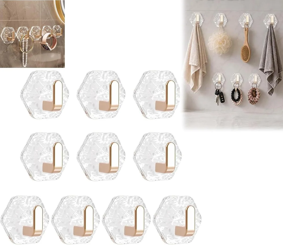 Ten clear hexagonal adhesive hooks with water ripple texture