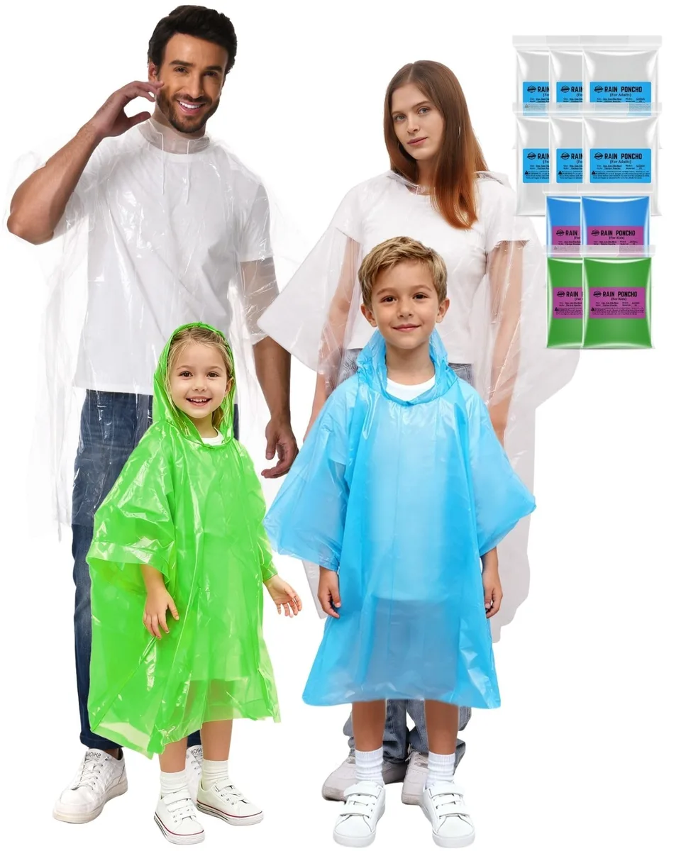 SANXINHT Disposable Rain Poncho Family 10 Pack 2X-Thicker Adults Kids Hood — product photo