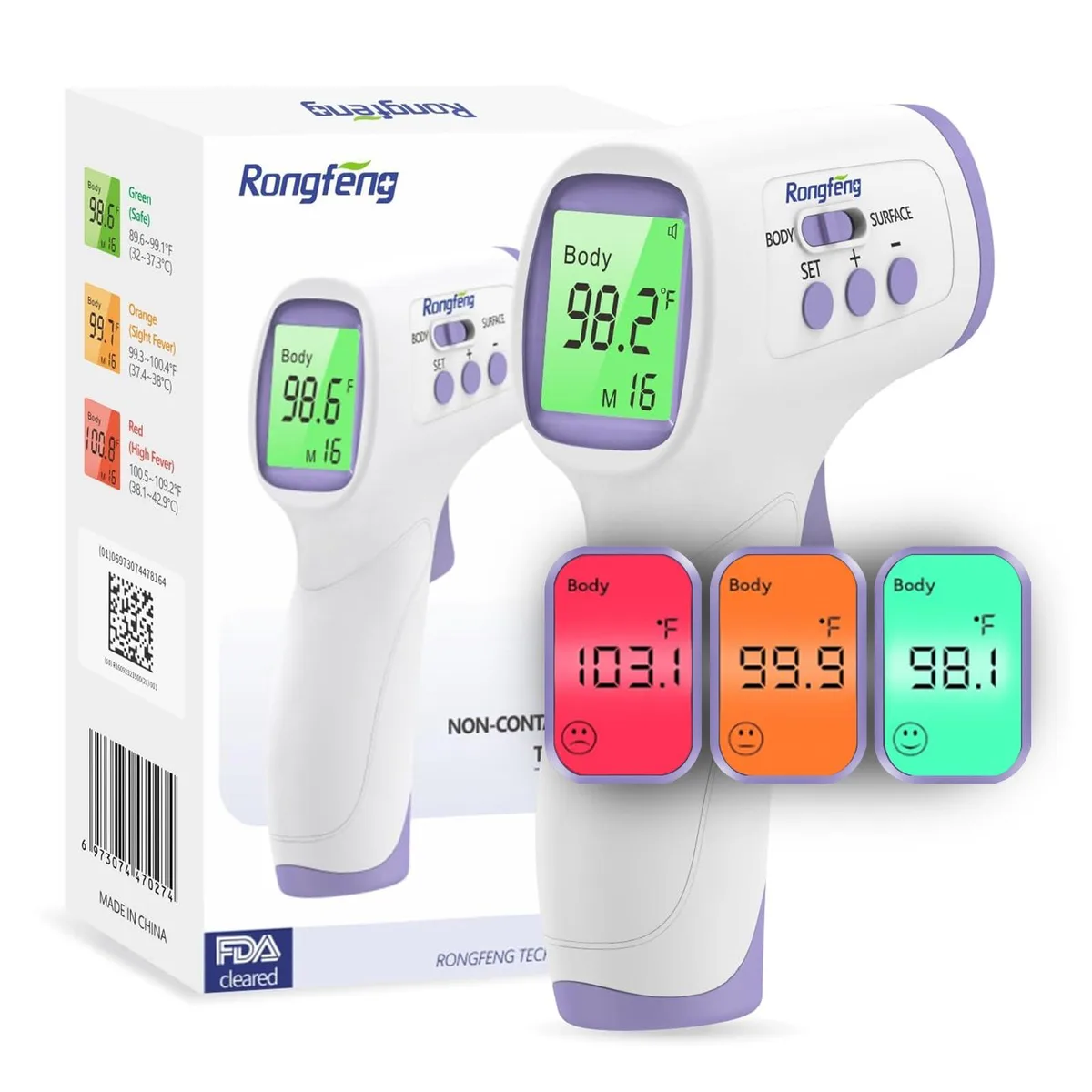 White no-touch forehead thermometer with digital display and single button control