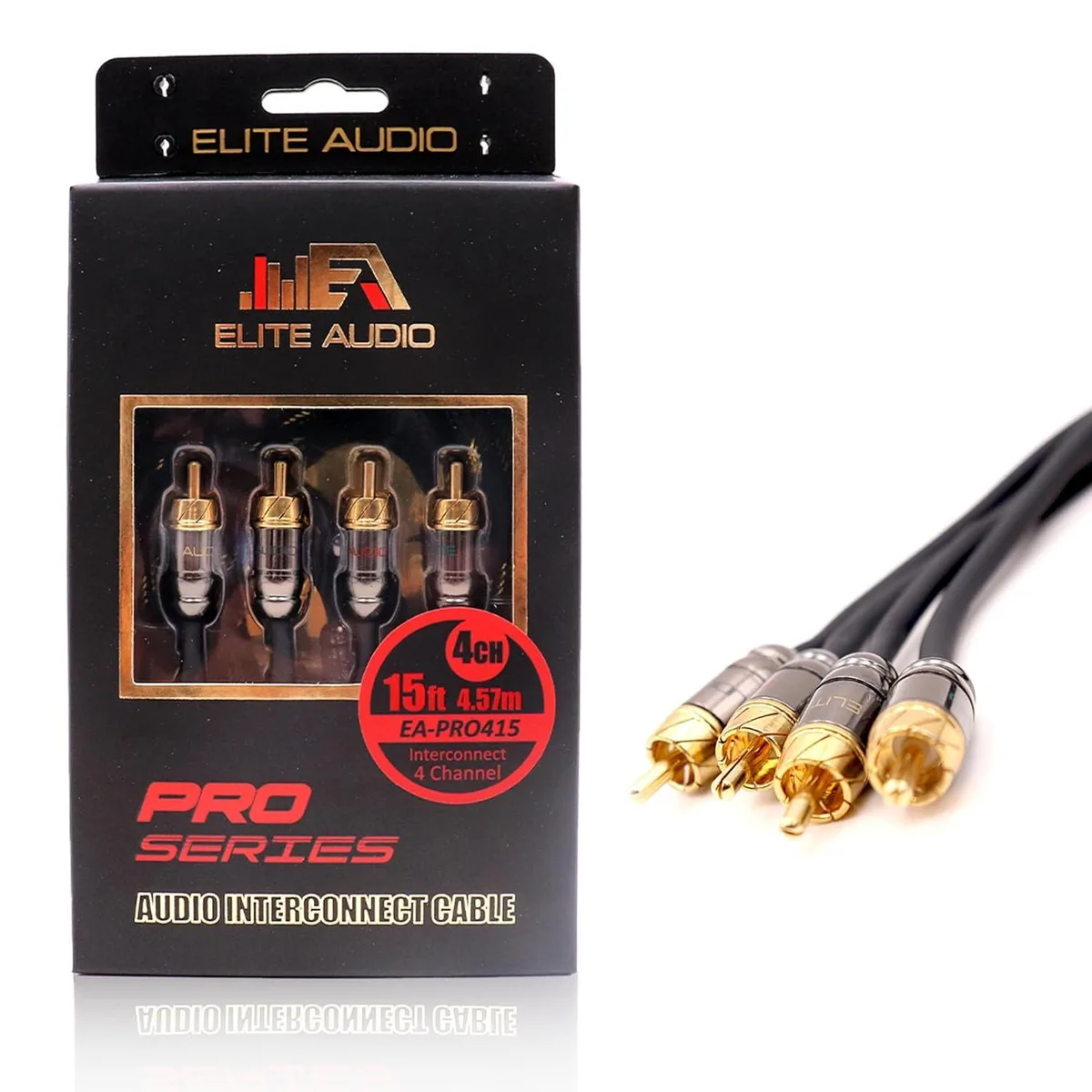 A 15-foot black RCA cable with four brass connectors