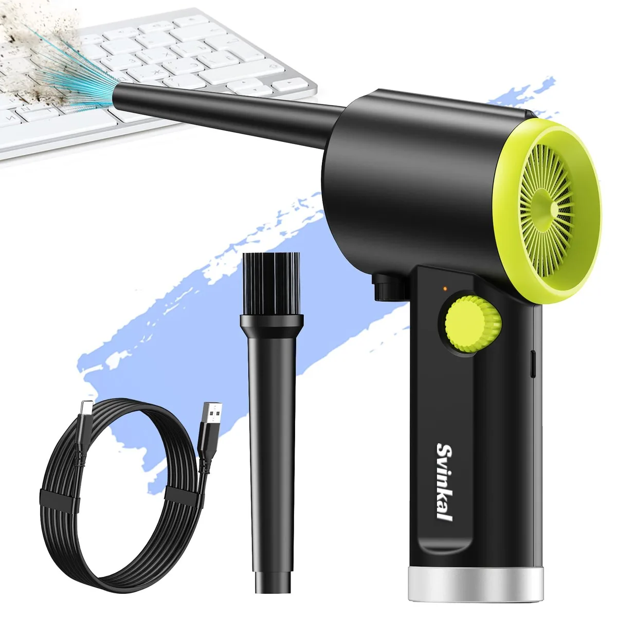 Green cordless air duster with ergonomic grip and pull-out nozzle