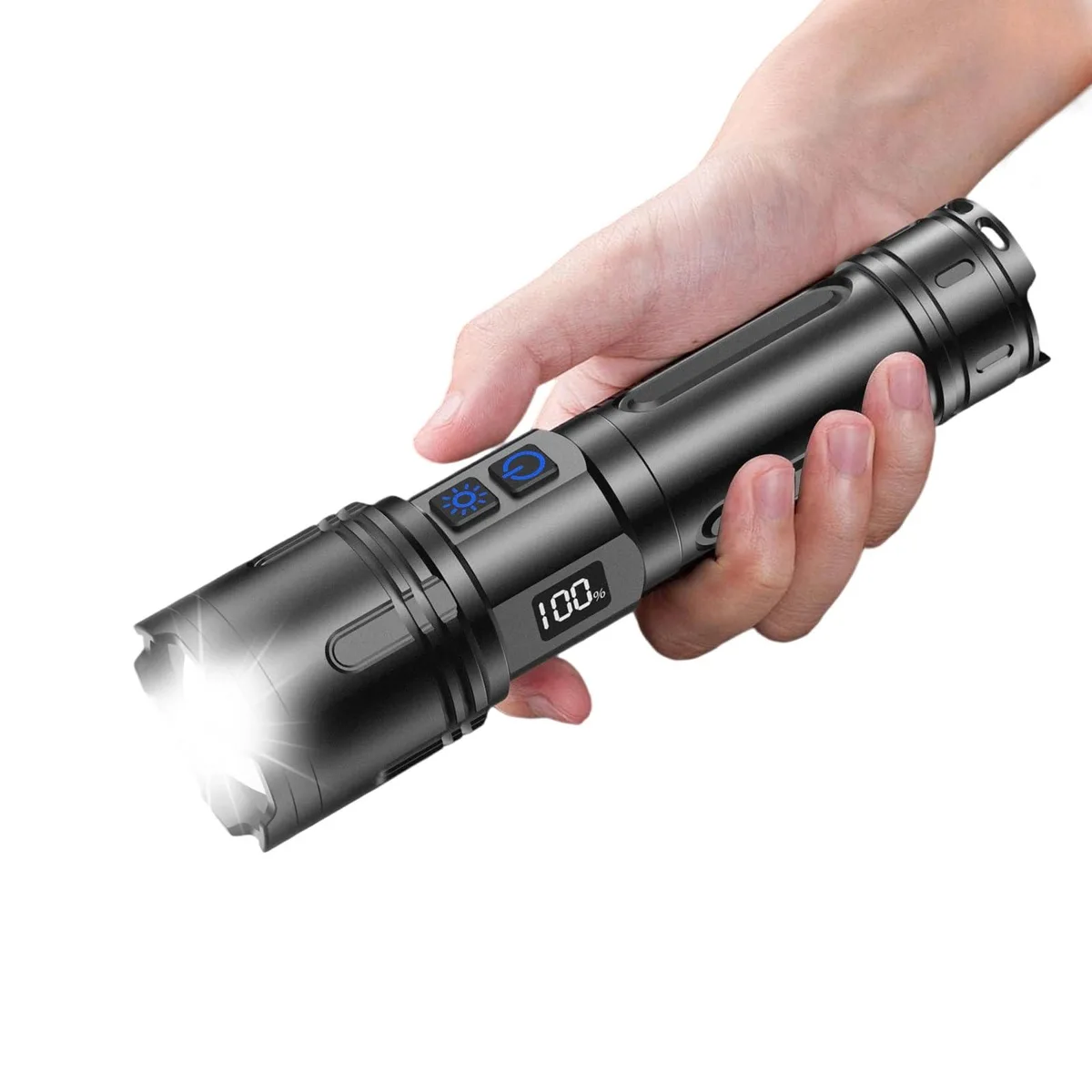 Black aluminium mini flashlight with dual switches and side display