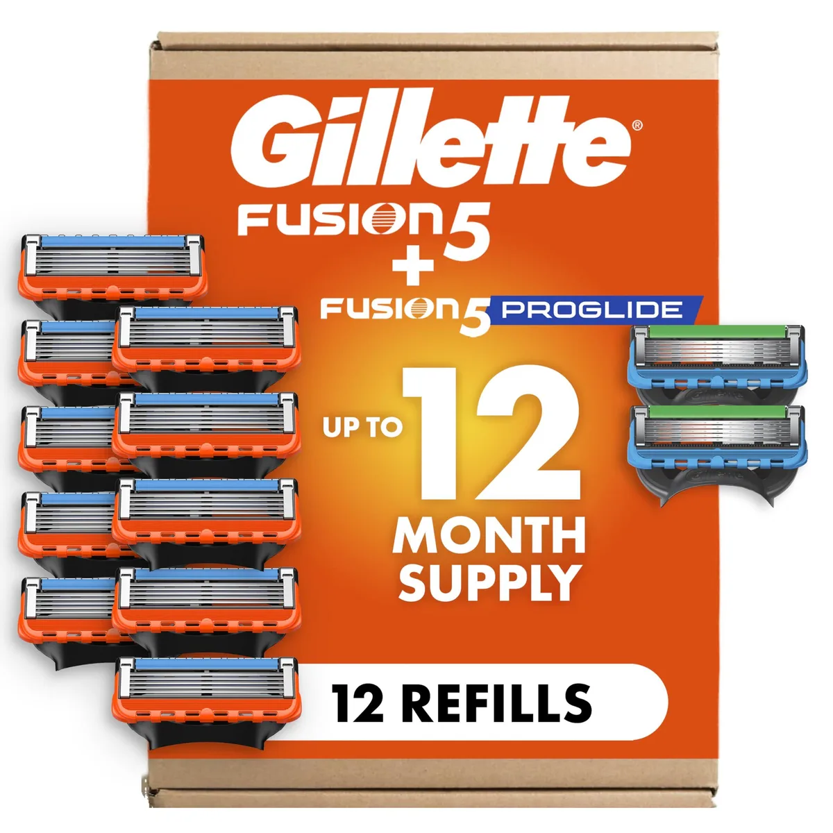 Box of twelve 5-blade razor refill cartridges in blue packaging