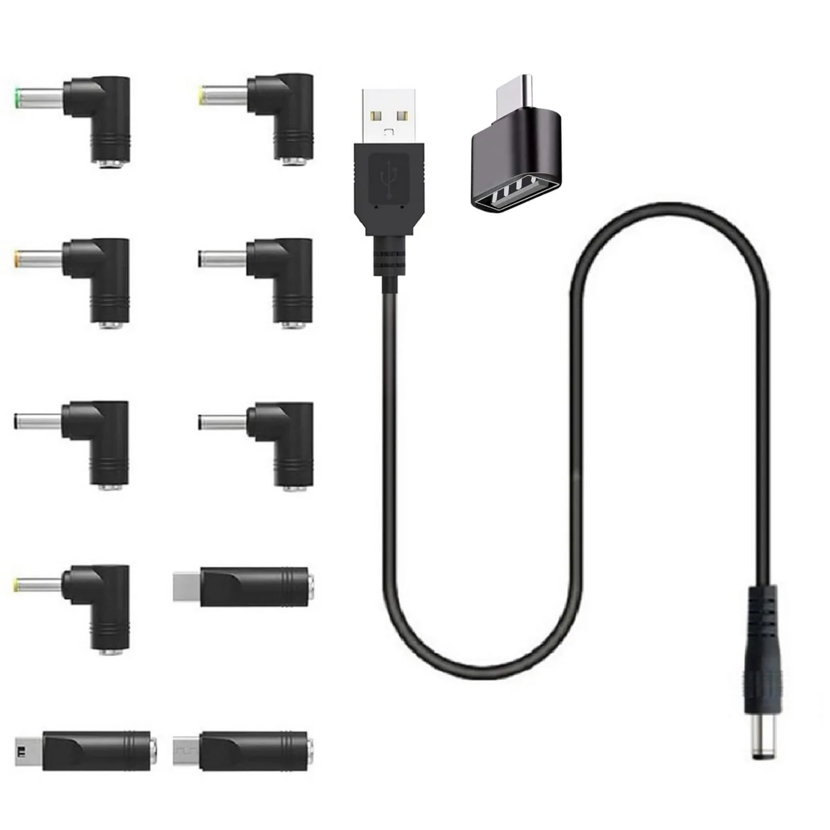 USB-A and USB-C cable with 5.5x2.1mm DC plug, 10 tips, 3.3 ft