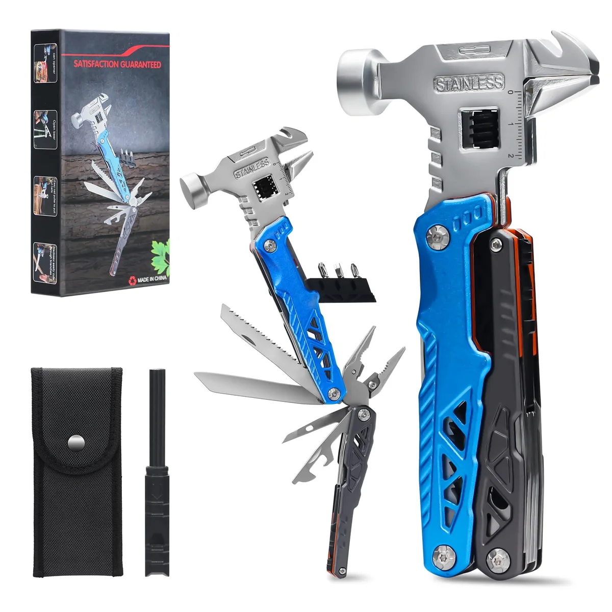 Klein Tools blue 18-in-1 multi-tool with hammer pliers knife carabiner clip