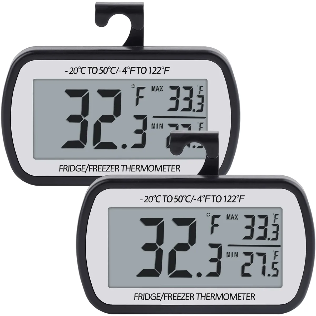 Two black digital fridge thermometers with magnetic backs and large LCD screens