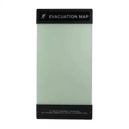 Clear polycarbonate evacuation map holder 17 by 11 inches with rounded corners and mounting hardware