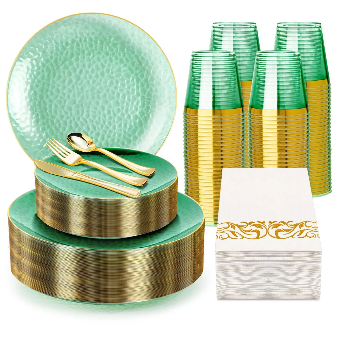 Large boxed set of green and gold plastic plates, cutlery, cups and napkins