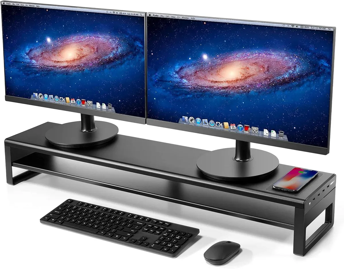 PISKEKAT PISKEKAT 2 Tier Dual Monitor Stand Aluminium Wireless Charging 4 USB 3.0 88 lbs 27 inch — product photo