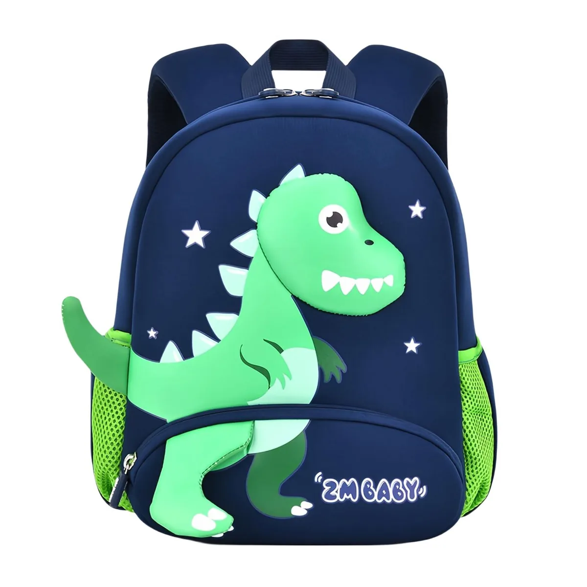 Blue nylon toddler backpack with 3D dinosaur design and safety leash