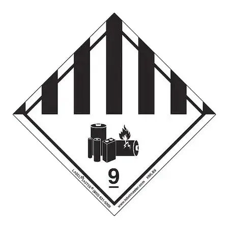 Roll of 500 black-on-white hazard class 9 lithium battery labels, 100 mm high