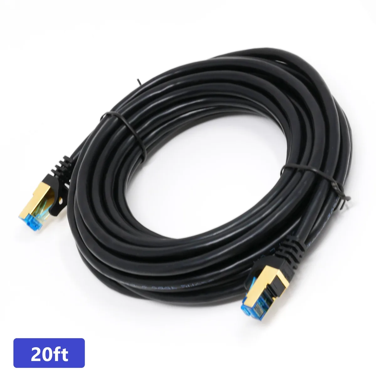 Black round Cat 7 Ethernet cable with RJ45 connectors, 20 ft length