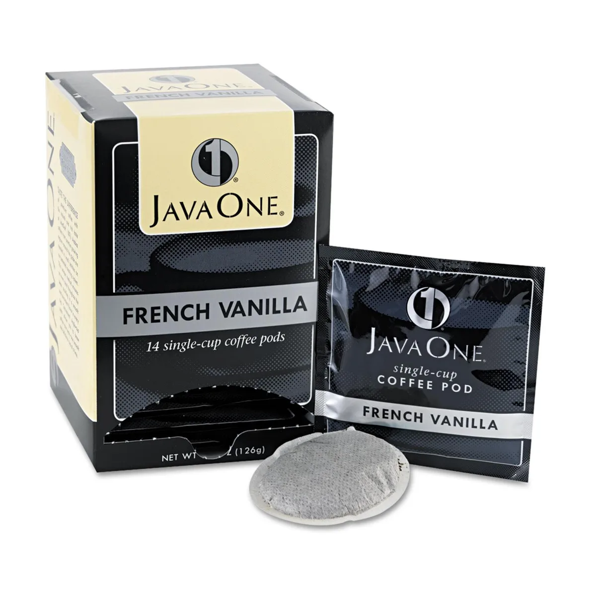 White rectangular box showing 14 French Vanilla coffee pods