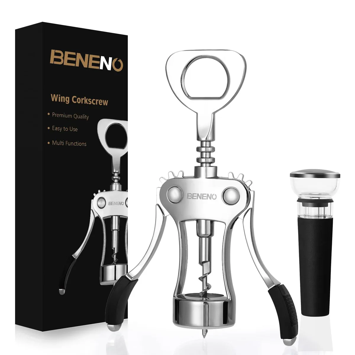 Matte black wing corkscrew with vacuum stopper and bottle opener