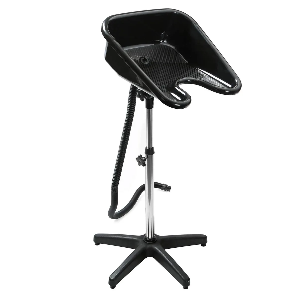 Black portable shampoo sink with removable ABS bowl, chrome riser and five-leg base