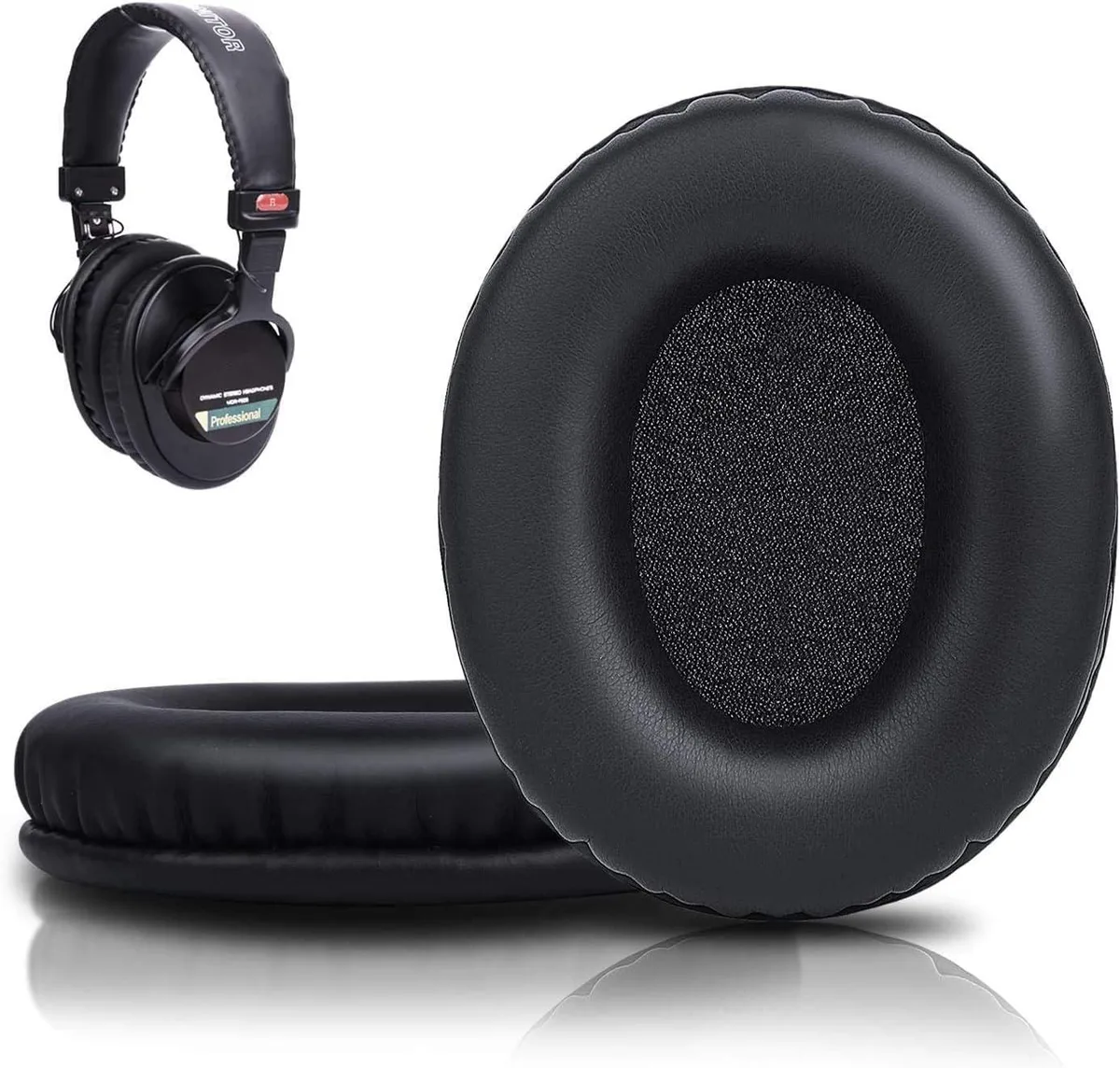 Pair of black protein-leather earpads with high-density foam, oval shape