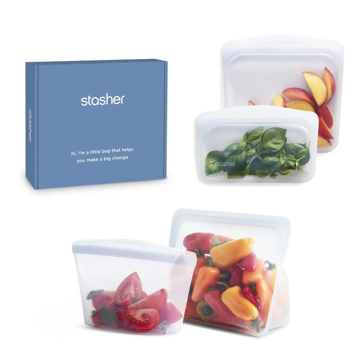 Four red silicone storage bags and a bowl in a clear box