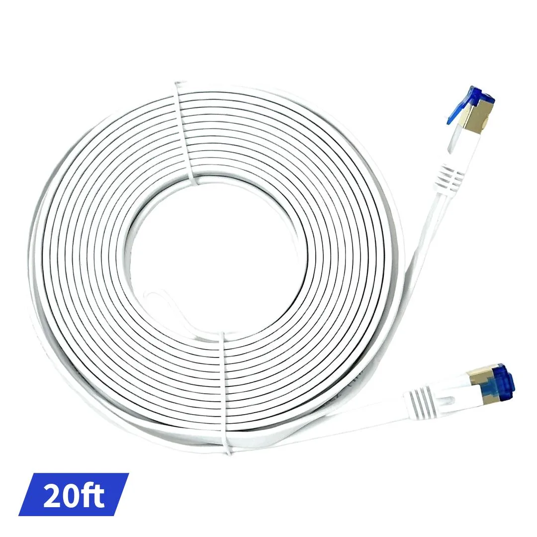 White flat Cat 7 Ethernet cable with RJ45 connectors, 20 ft length
