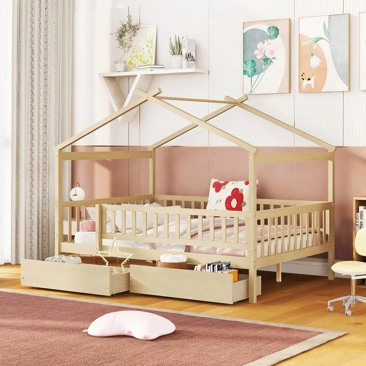 tuphen tuphen Full Size Wooden House Bed with Two Drawers Natural 79.5 57 62.9 — product photo