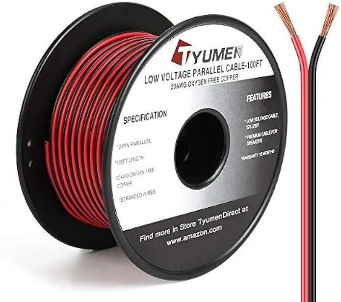 Red and black 100-foot 20 AWG LED extension cable on plastic spool