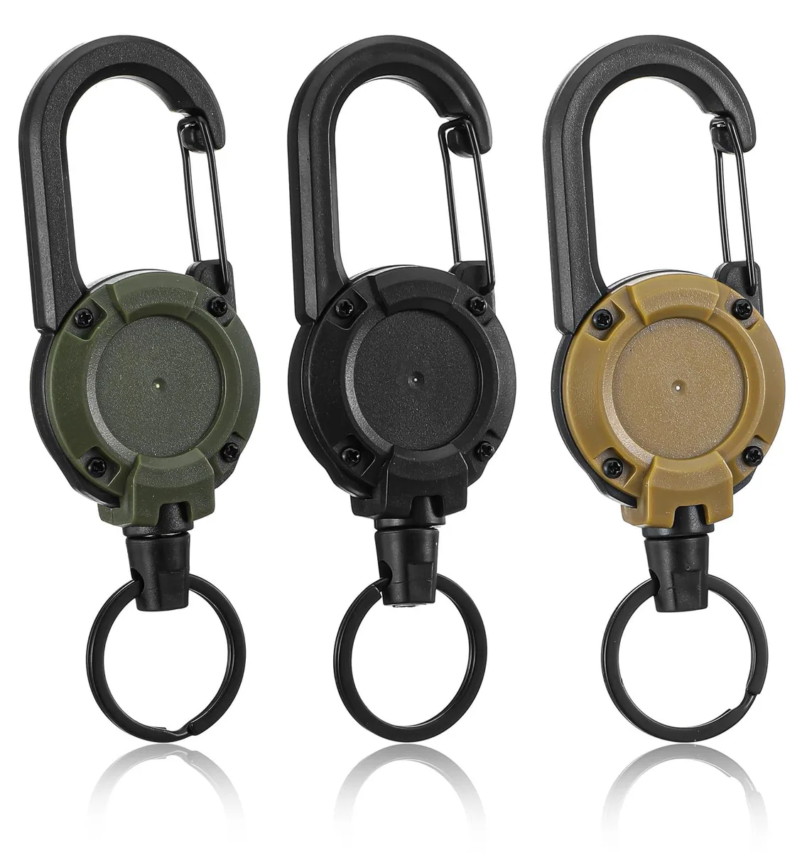 Three black retractable keyholders with carabiners and 60 cm cords
