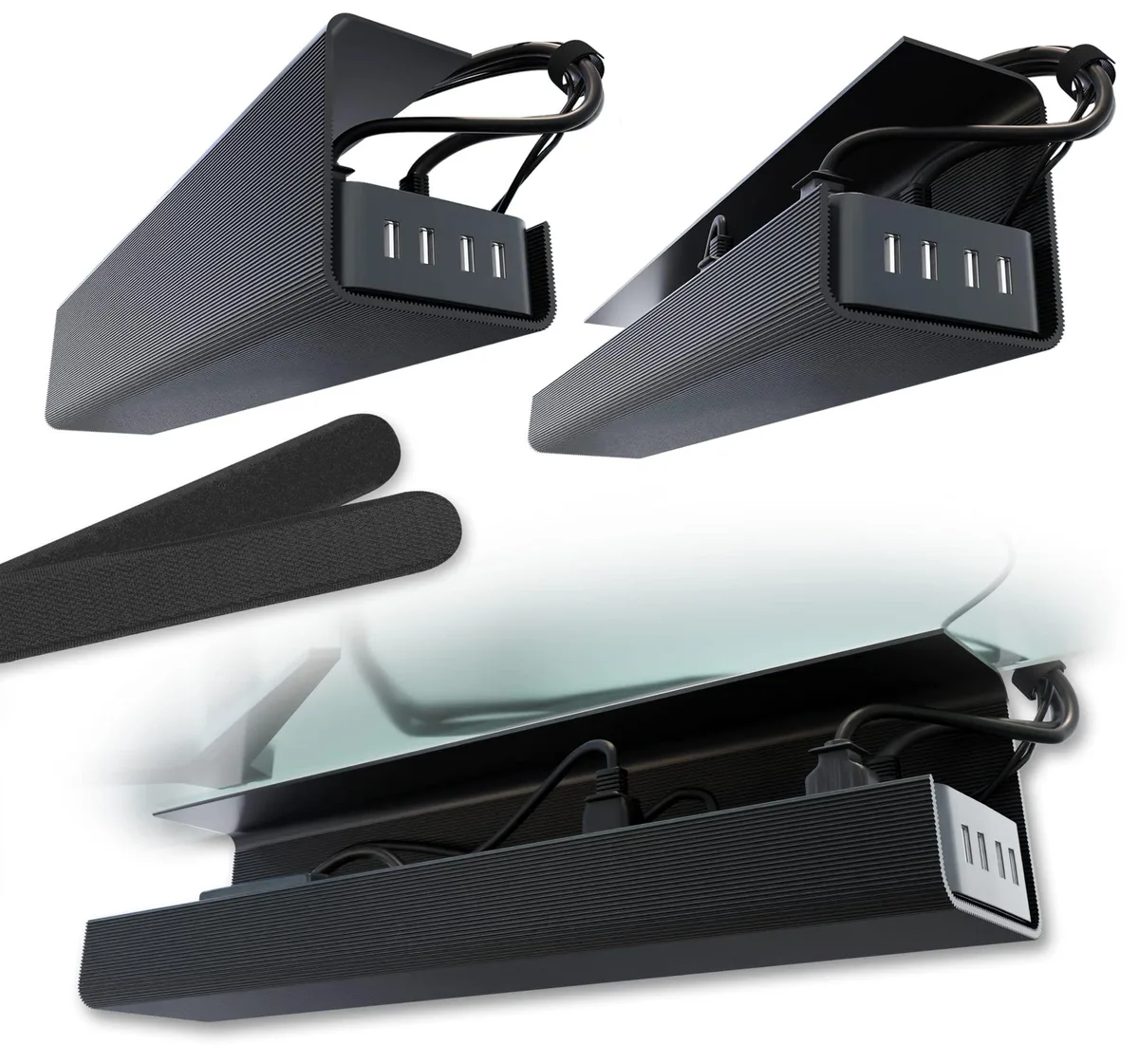 Two flat black PVC trays, seventeen by three point five by point one inches, self-adhesive backing