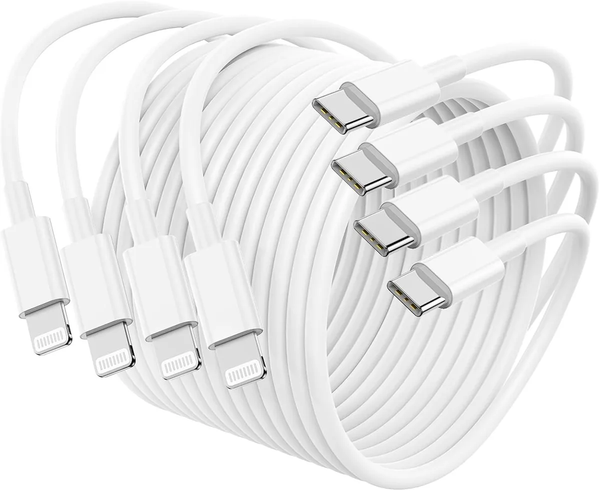 Four white USB-C to Lightning cables coiled together, six feet each