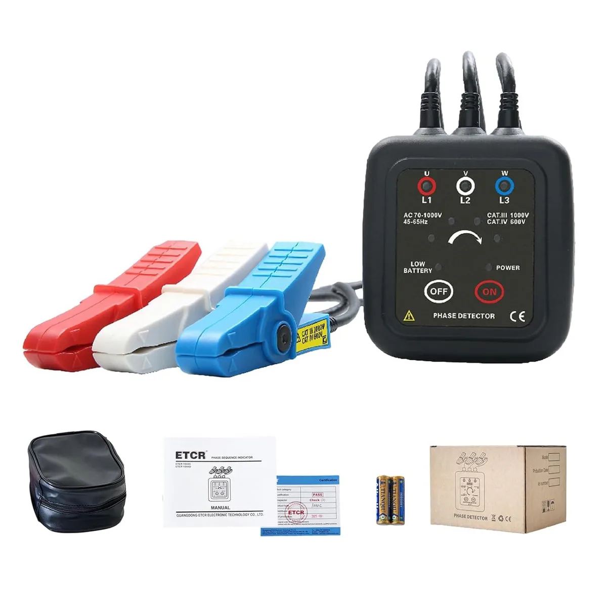 Handheld phase sequence tester with three insulated clamp jaws and magnetic back
