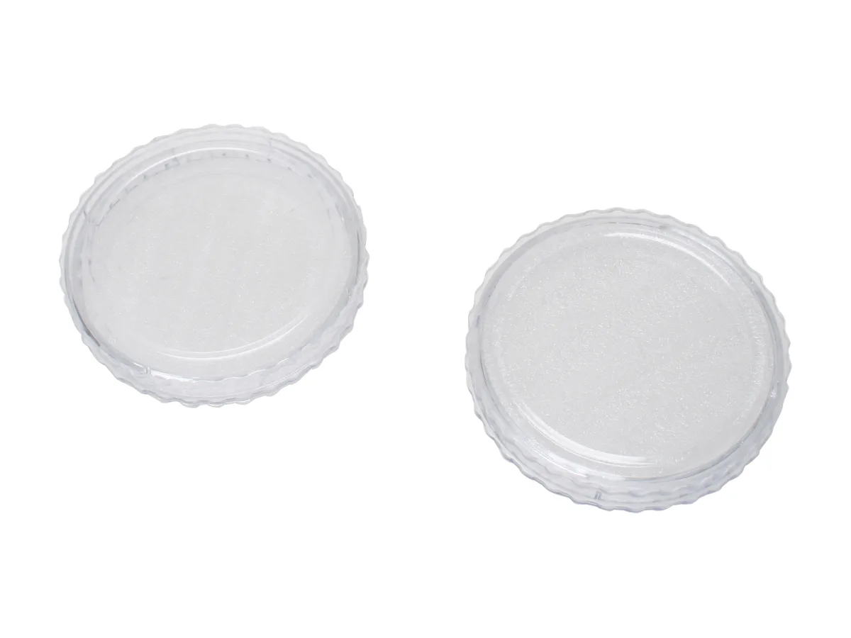 Two circular glass filters in black metal frames, 77mm diameter, UV and CPL types