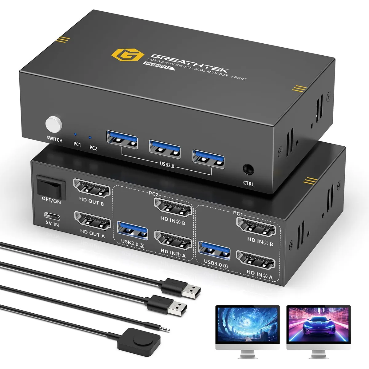 Black rectangular KVM switch with front panel buttons and multiple HDMI and USB ports