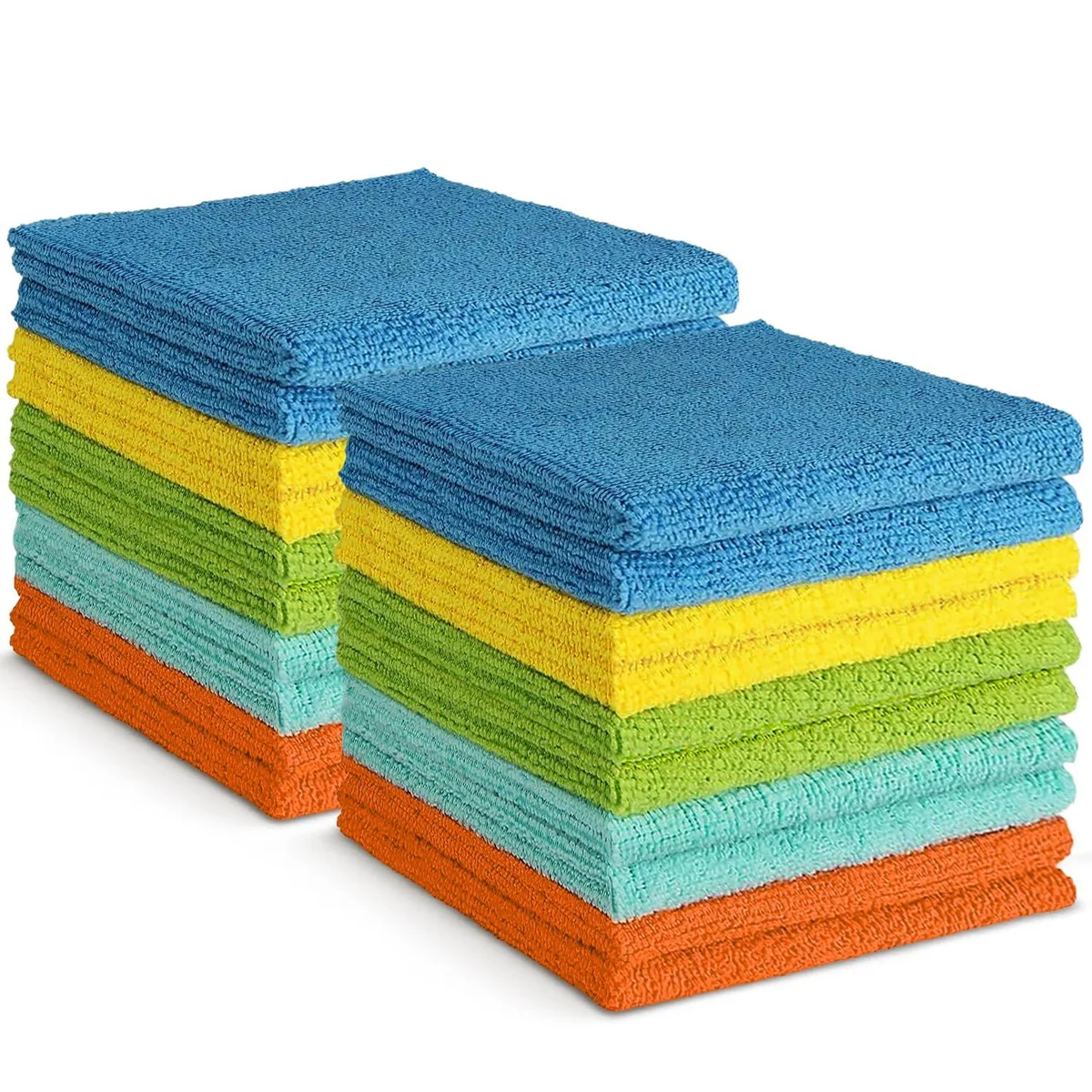 Stack of twenty 12x12 inch microfiber cloths in assorted colours, square edgeless finish