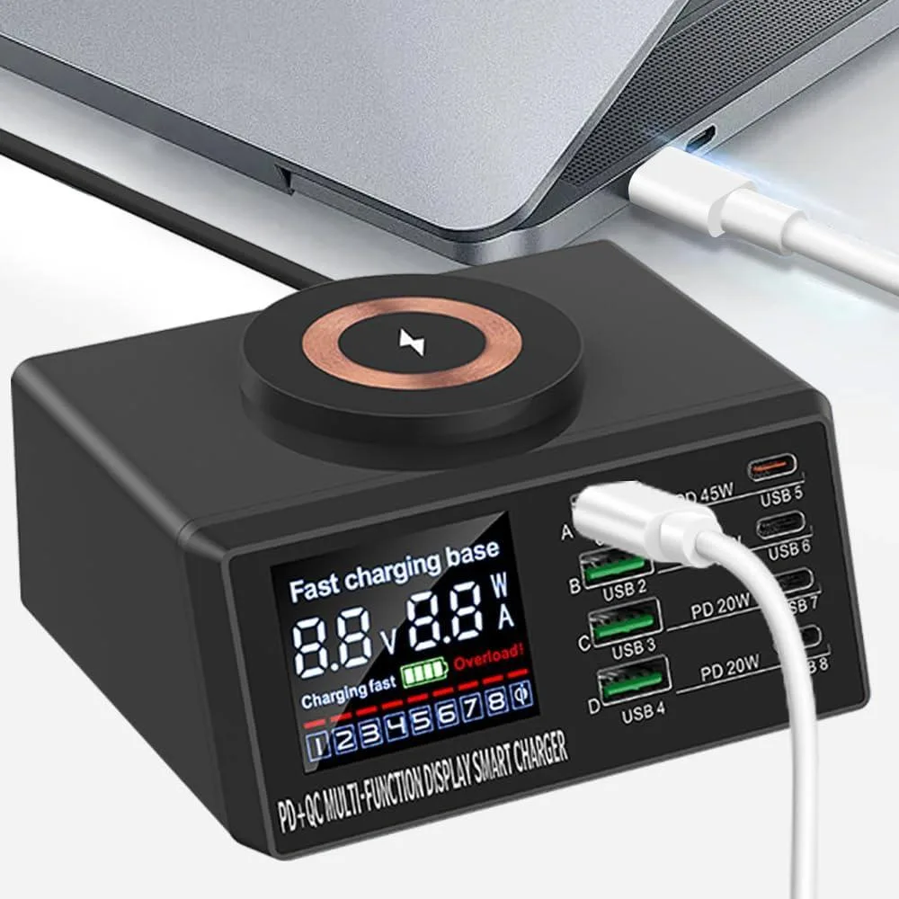 LUOM LUOM WLX-X9M 110W 8-Port Desktop Charger with Wireless Charging and Smart LCD Display — product photo