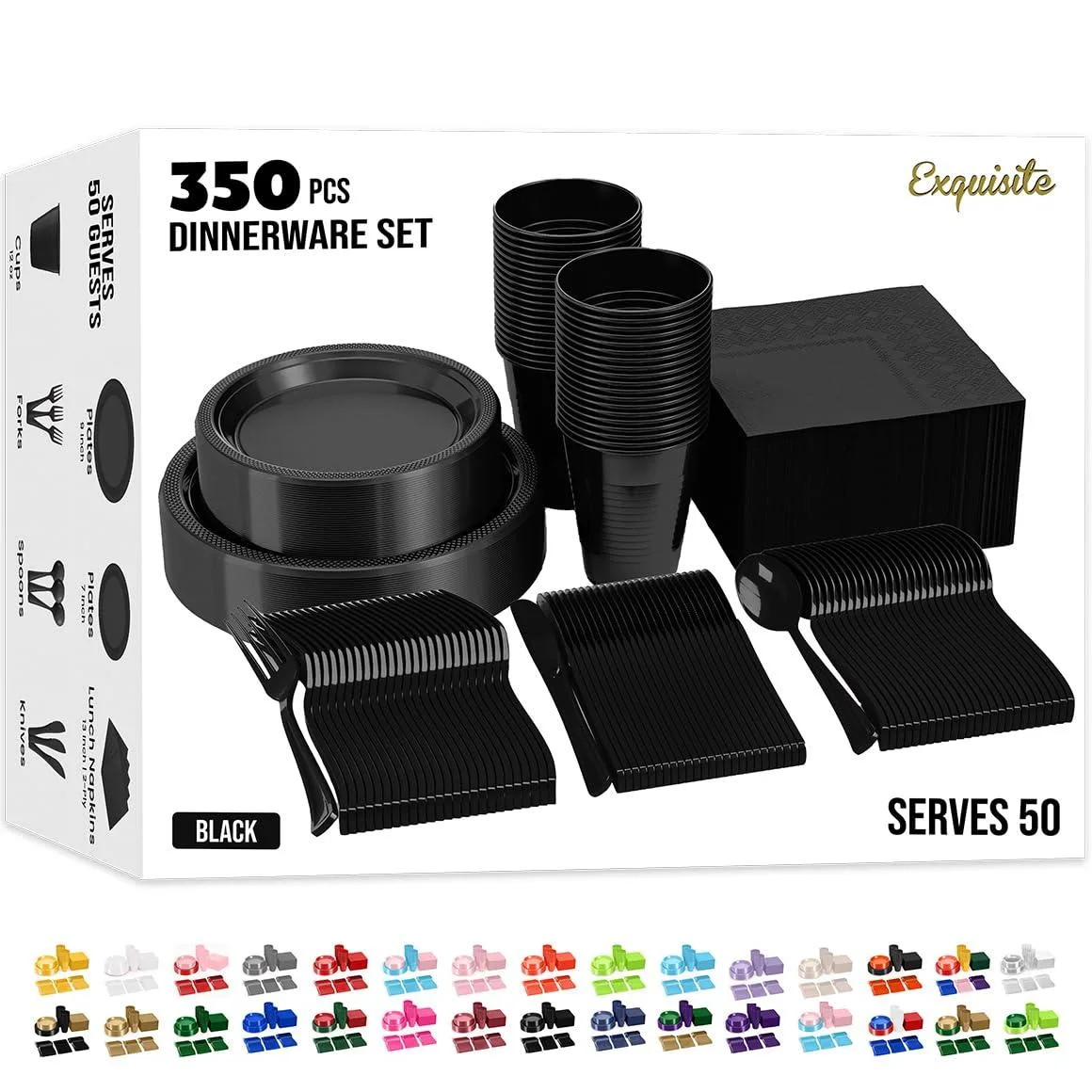Large rectangular box containing black plastic dinnerware and silver cutlery sets