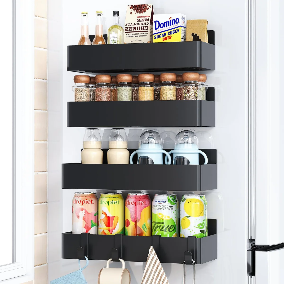 Four red plastic spice racks with magnetic strips, two-tier round design, 34 inch width