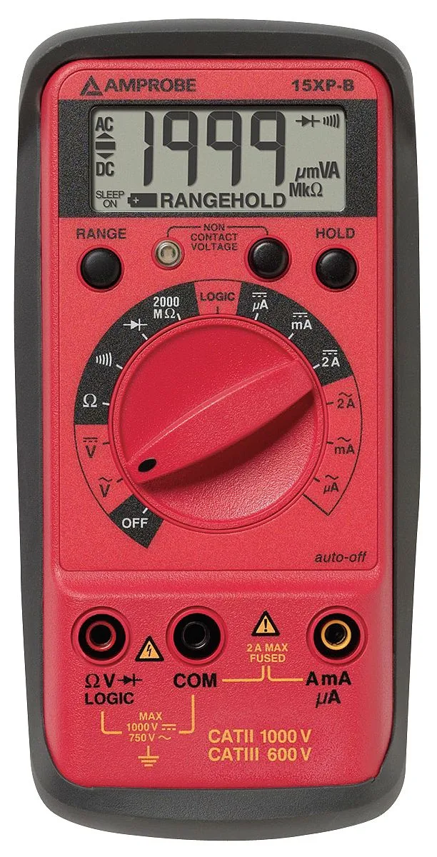Yellow handheld digital multimeter with LCD display and test leads